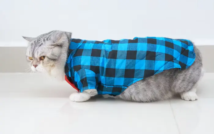 kucing kaki pendek memakai baju