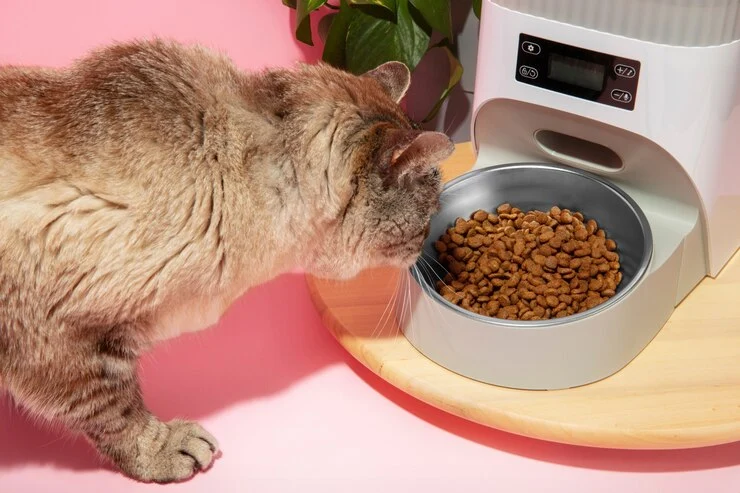 kucing makan di smart feeder